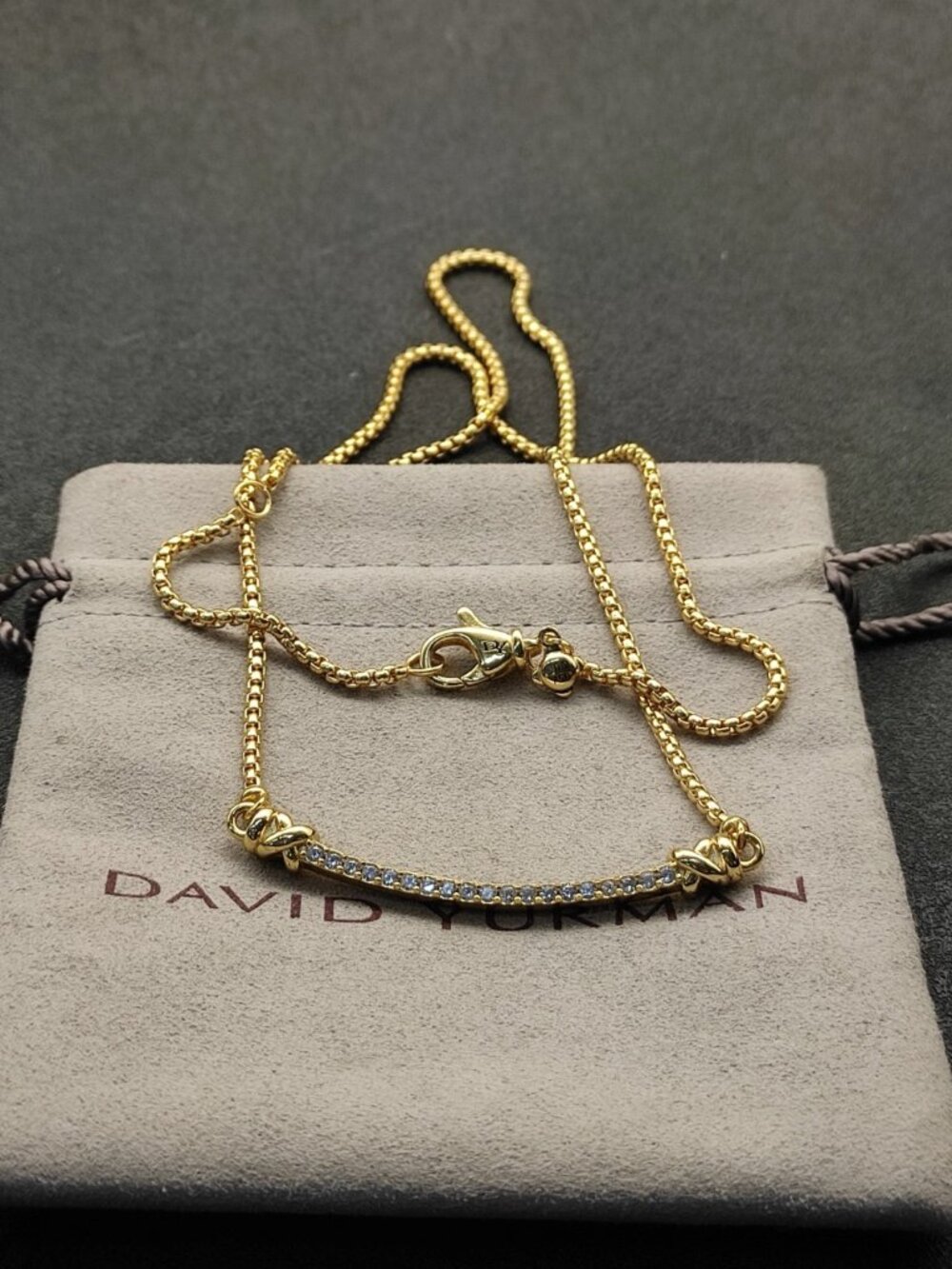🎀David Yurman Solid Gold Smile Curved Necklace with Full Diamond Setting